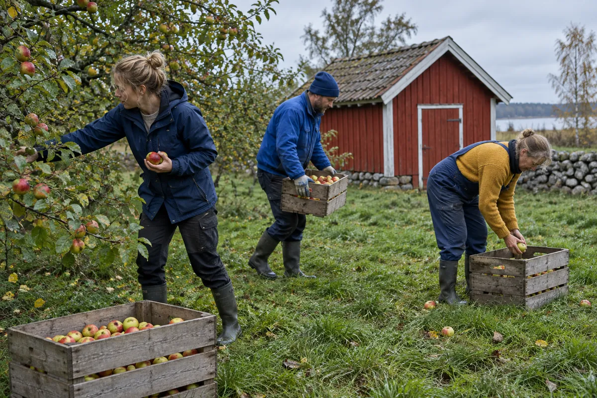 Tre personer plockar äpplen i trälådor en mulen septemberdag, med ett rödmålat uthus bakom sig