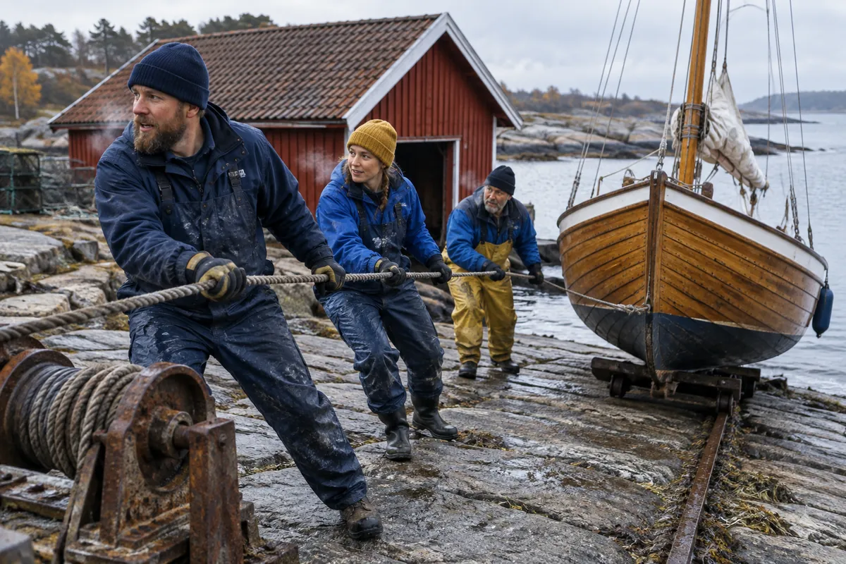 Tre personer vinschar upp en träsegelbåt på en stenslip en kall höstmorgon med ett rödmålat båthus bakom sig