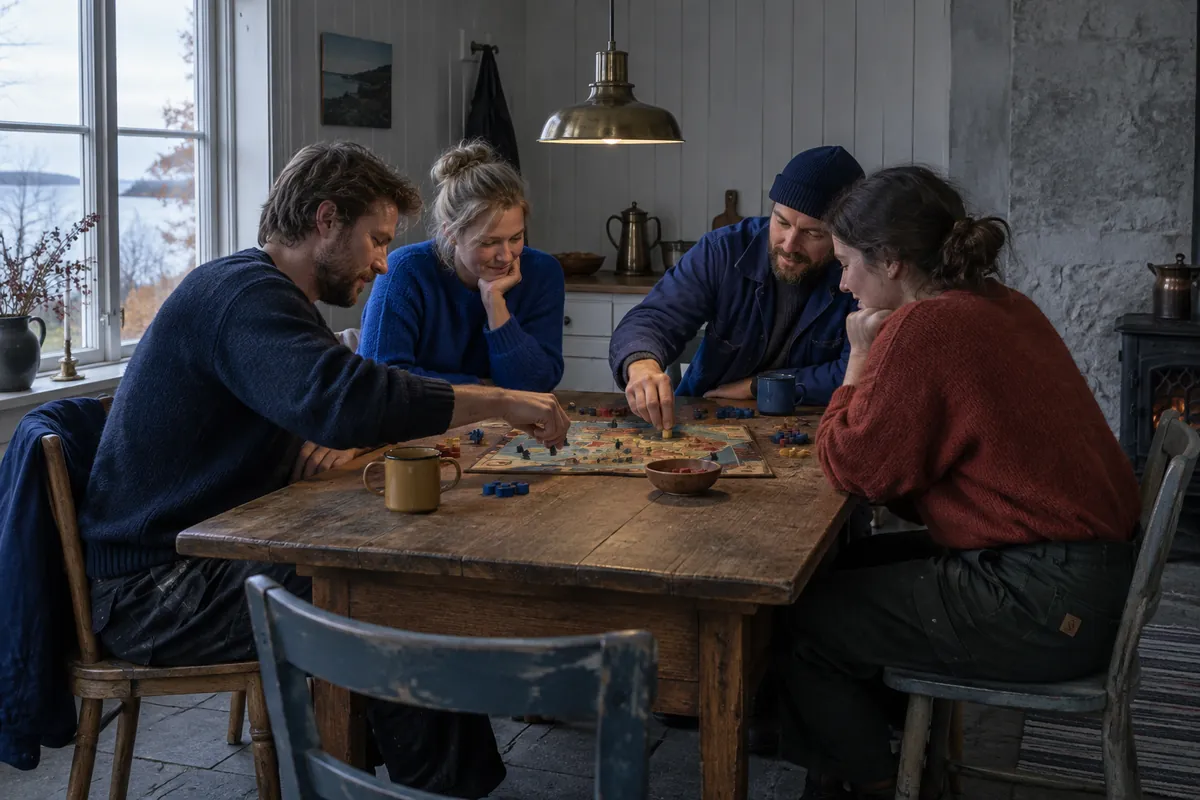 Fyra personer lutar sig över ett träbord och spelar ett brädspel under en låg kökslampa