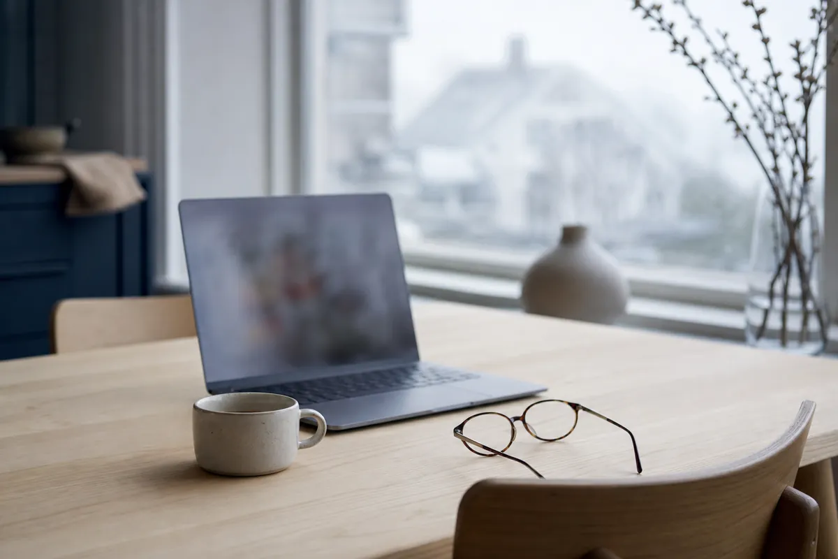 Köksbord i morgonljus med laptop ur fokus, kall kaffekopp och läsglasögon