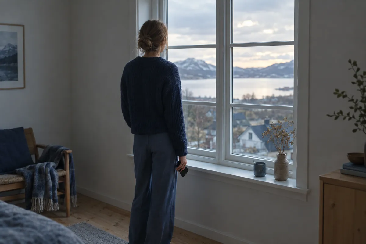 Person vid ett fönster i eftermiddagsljus med en telefon i handen, sedd bakifrån