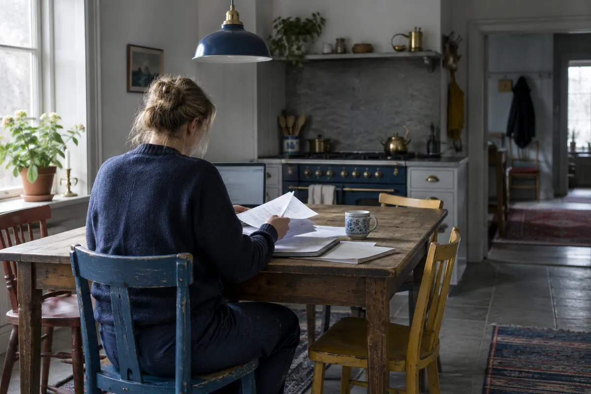 Person vid ett köksbord i morgonljus som går igenom papper framför en dator, sedd bakifrån