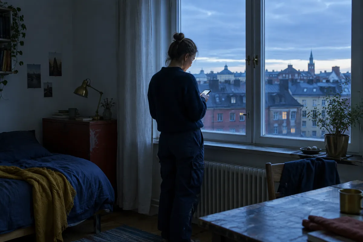Person vid ett fönster i tidig gryning med en telefon i handen, sedd bakifrån