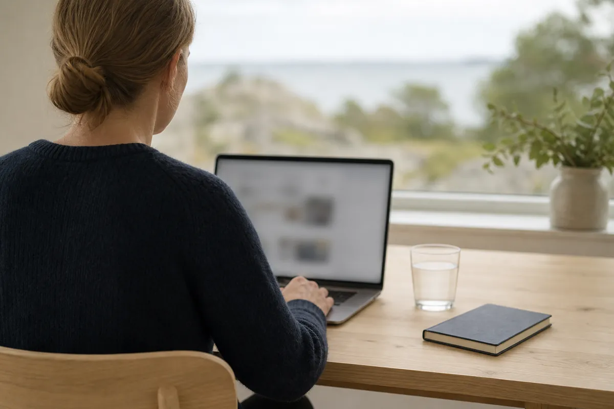Person vid ett träbord i sommarljus, sedd bakifrån, med en laptop ur fokus