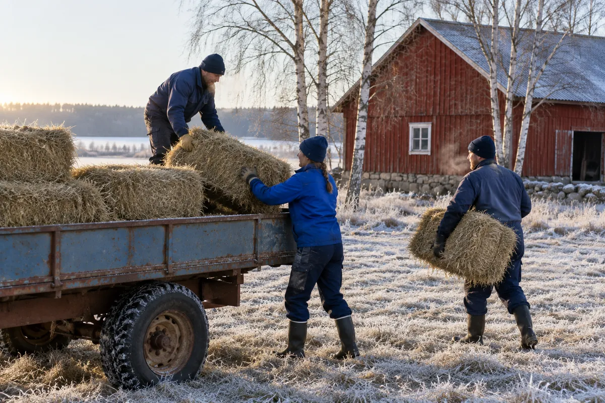 Tre personer staplar höbalar på en vagn i en frostig hage i gryningsljus