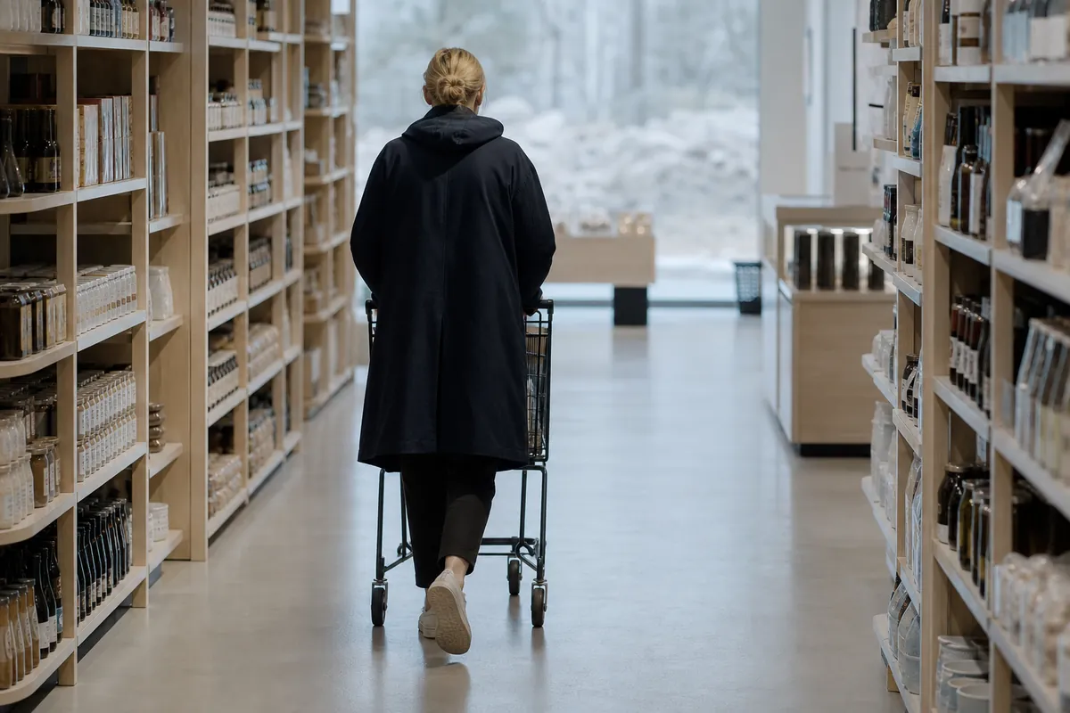 Person med kundvagn i en livsmedelsbutik, sedd bakifrån på avstånd