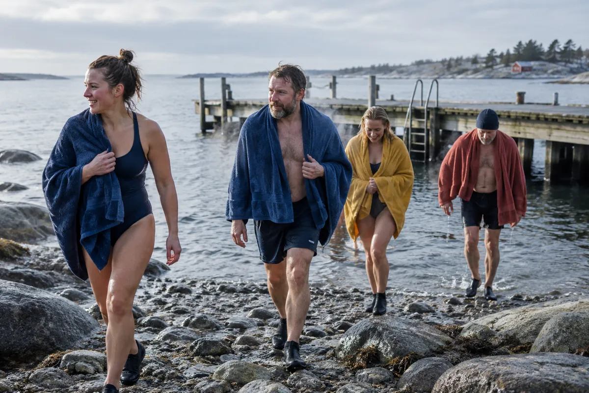 En grupp kallbadare vadar upp på en stenig strand med handdukar över axlarna och en brygga bakom sig