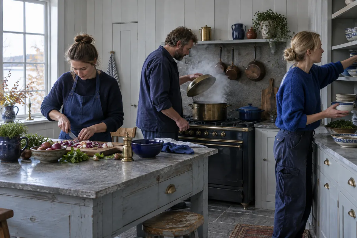 Tre personer lagar mat tillsammans i ett kök med ljus panel, en hackar och en lyfter locket av en gryta