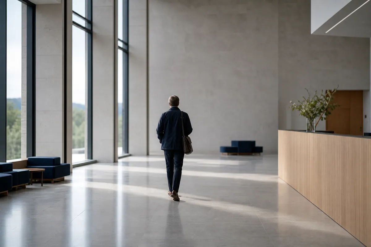 Ensam person går genom en tom kontorslobby i sommarljus, sedd bakifrån