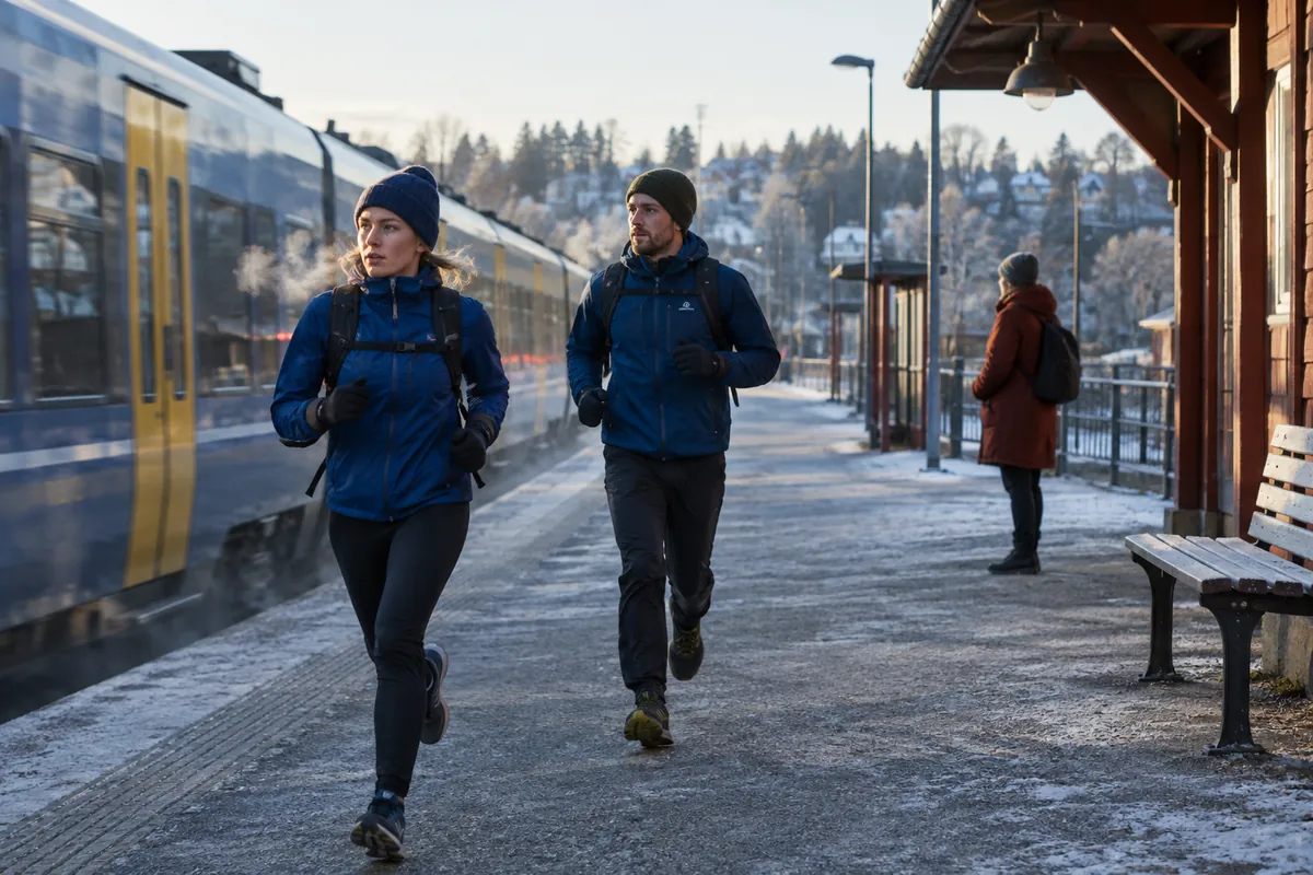 Två personer springer längs en pendeltågsperrong i kall morgonluft medan tåget rullar iväg