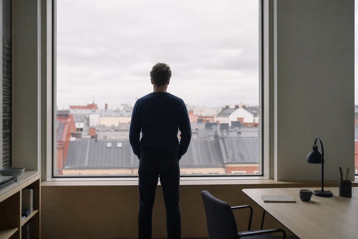 Person vid ett brett fönster i ett stilla kontorsrum, sedd bakifrån