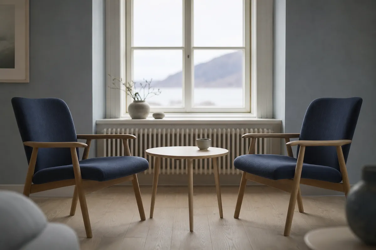 Två tomma stolar mot varandra vid ett litet bord i ett ljust rum