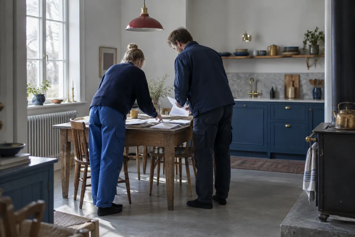 Två personer vid ett köksbord som går igenom papper tillsammans, sedda bakifrån