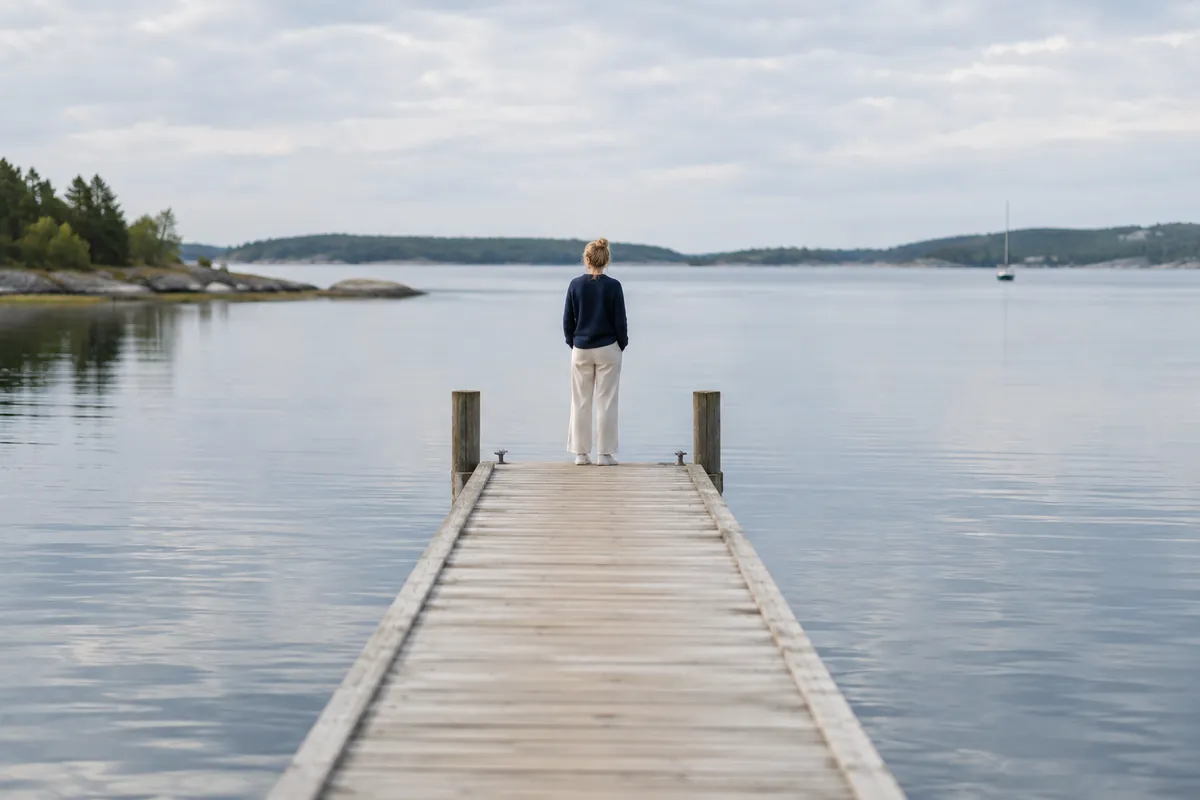 Person längst ut på en brygga vid en stilla vik i sommarljus, sedd bakifrån