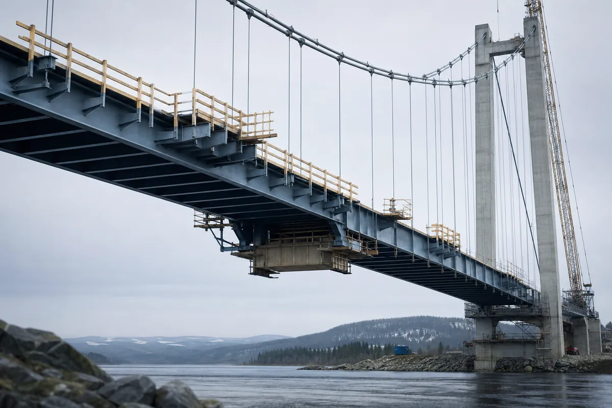 Brospann i stål under byggnation över en flod, sett snett underifrån
